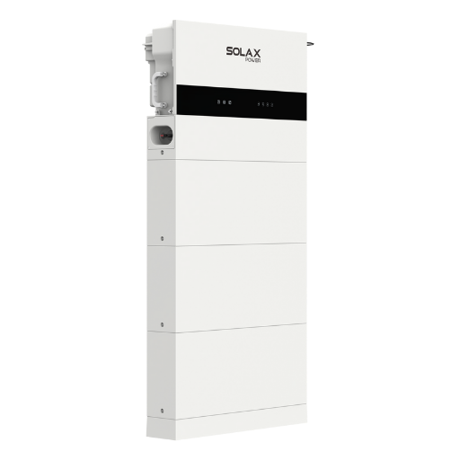 Produktfoto SolaX X3-IES-P: weißer Turm mit Hybrid-Wechselrichter oben und drei Batteriemodulen darunter