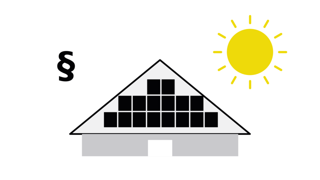 Illustration: Hausdach mit Solarmodulen, Sonne und Paragrafenzeichen