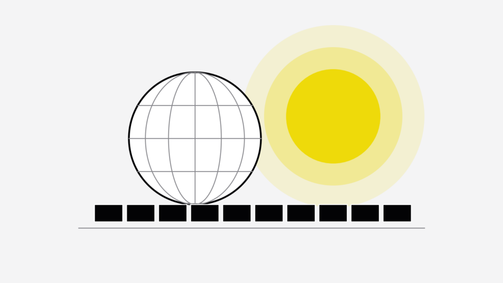 Schematische Titelgrafik: Weltkugel vor einer gelben Sonne, darunter eine Reihe Solarmodule