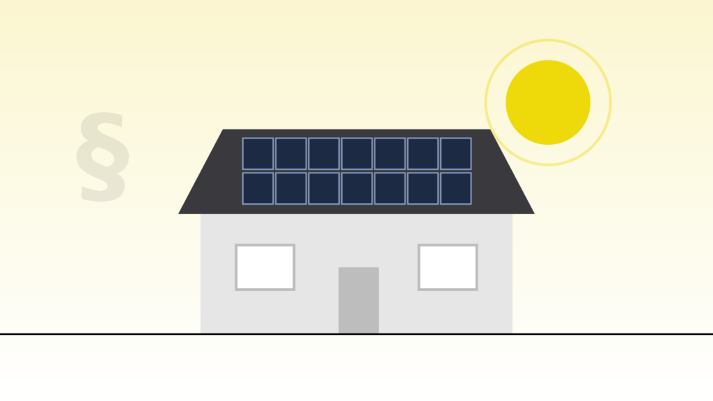 Stilisiertes Einfamilienhaus mit Photovoltaikmodulen auf dem Dach, Sonne und Paragrafenzeichen im Hintergrund