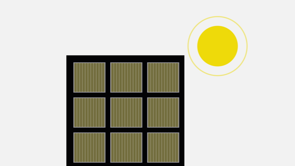 Schematische Gebäudefassade mit halbtransparenten Solarfenstern und Sonne