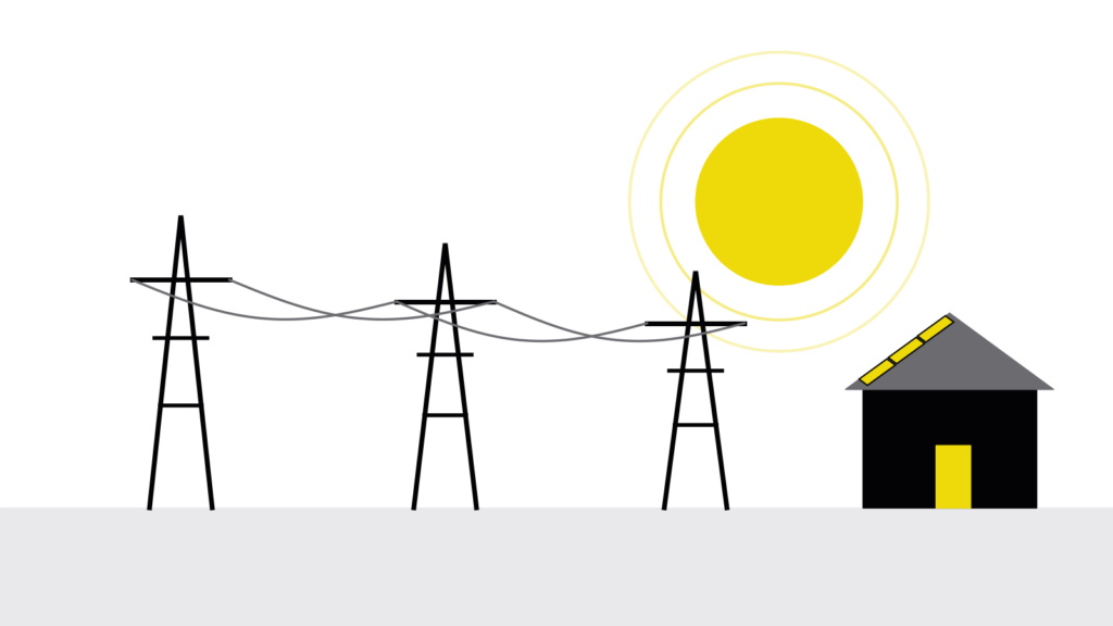 Schematische Grafik: Strommasten mit Leitungen, Sonne und ein Einfamilienhaus mit Solarmodulen auf dem Dach