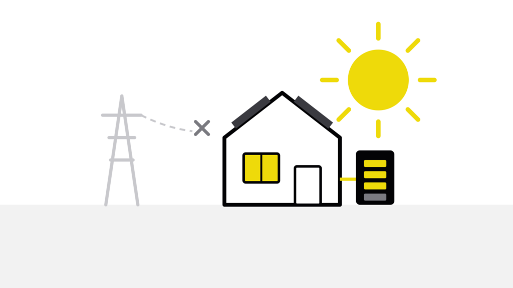 Schematische Titelgrafik: Haus mit Solarmodulen, leuchtendem Fenster und Batteriespeicher, daneben ein Strommast mit unterbrochener Leitung