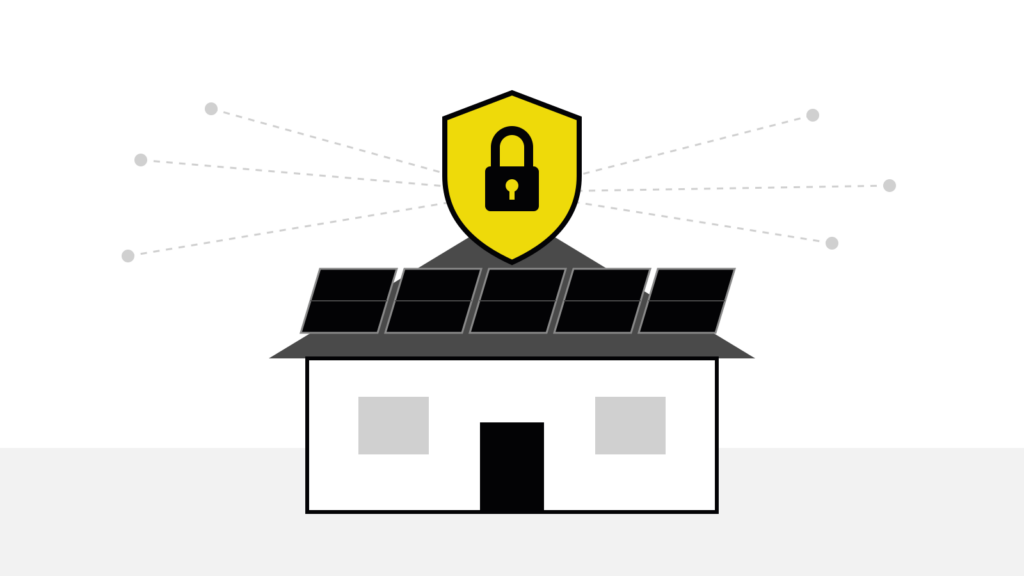 Grafik: Haus mit Photovoltaikanlage auf dem Dach, darüber ein gelbes Schild mit Vorhängeschloss als Symbol für Cybersicherheit