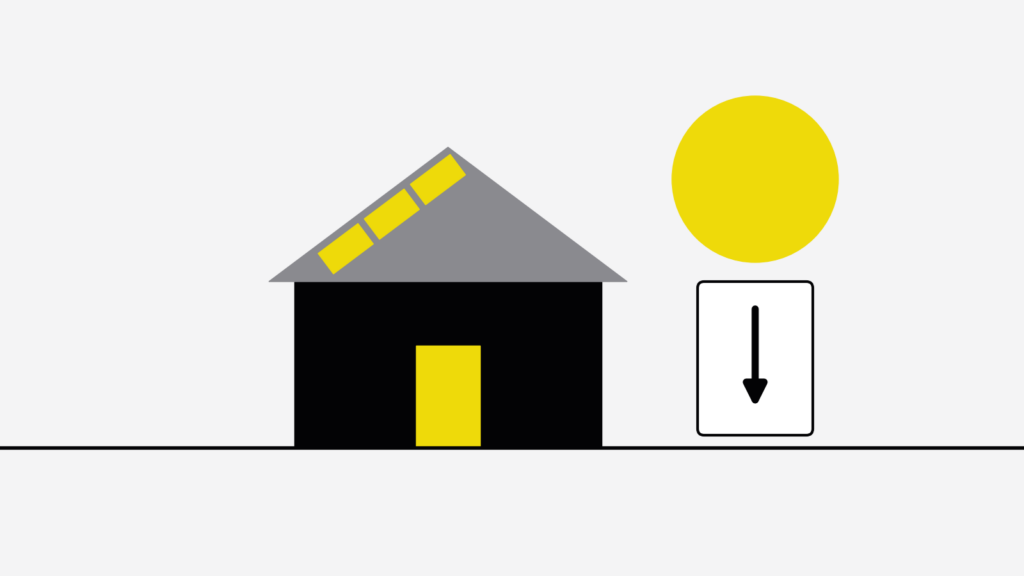 Schematische Grafik: Haus mit Solarmodulen auf dem Dach, daneben Sonne und ein Pfeil nach unten als Symbol für sinkende Stromkosten