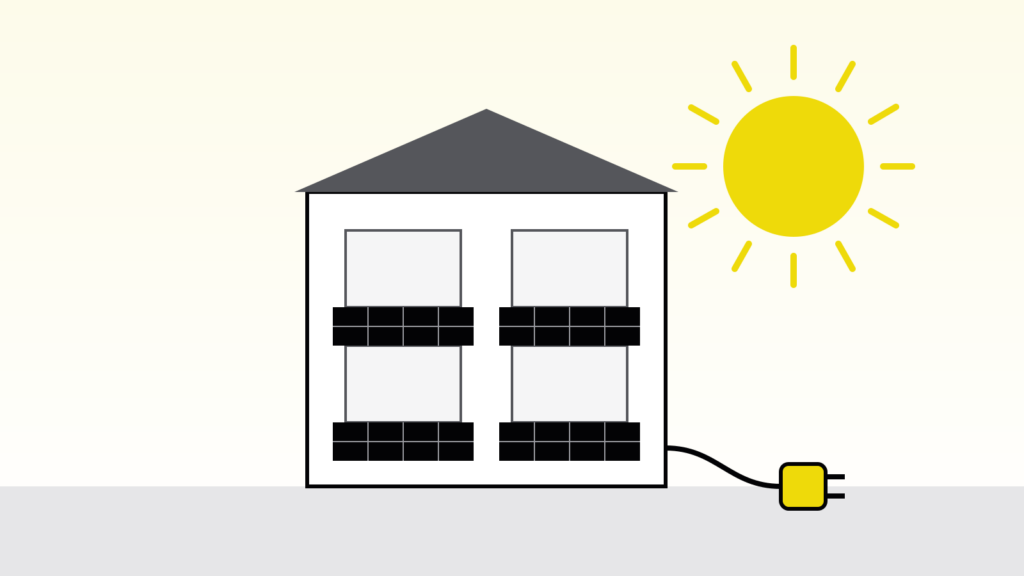 Schematische Illustration: Mehrfamilienhaus mit Solarmodulen an den Balkonen, Sonne und Stecker