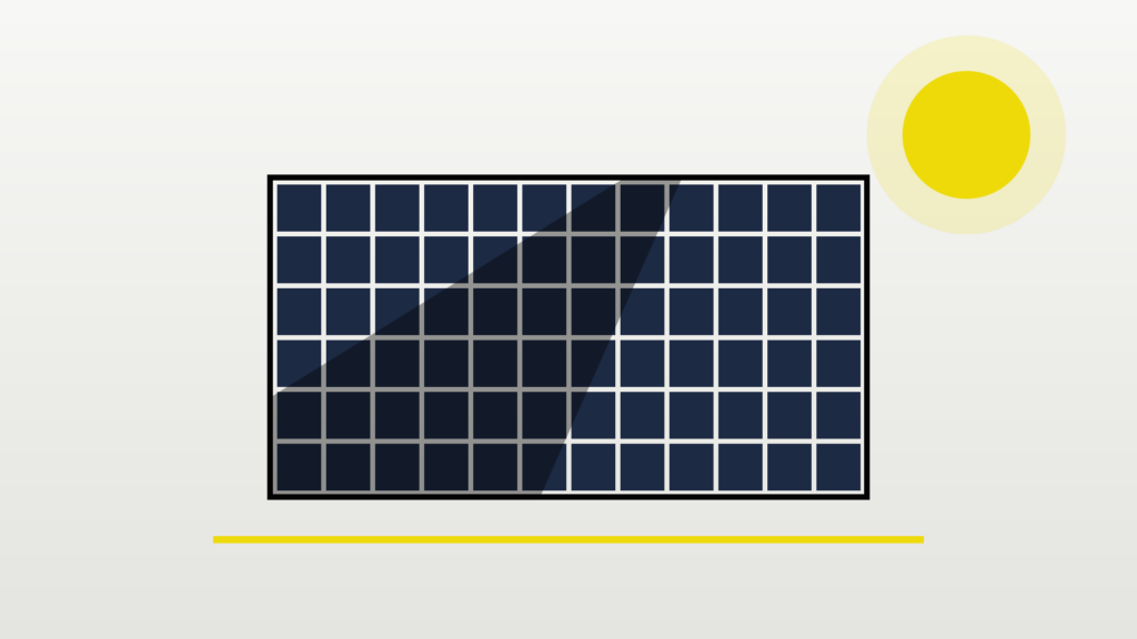 Stilisiertes Solarmodul, über das ein diagonaler Schatten fällt, daneben eine gelbe Sonne